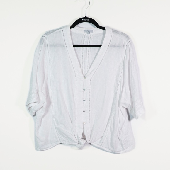Rails Thea White Lace Detail Linen Lightweight Blend Button Front Knot Tie Shirt - Picture 1 of 3